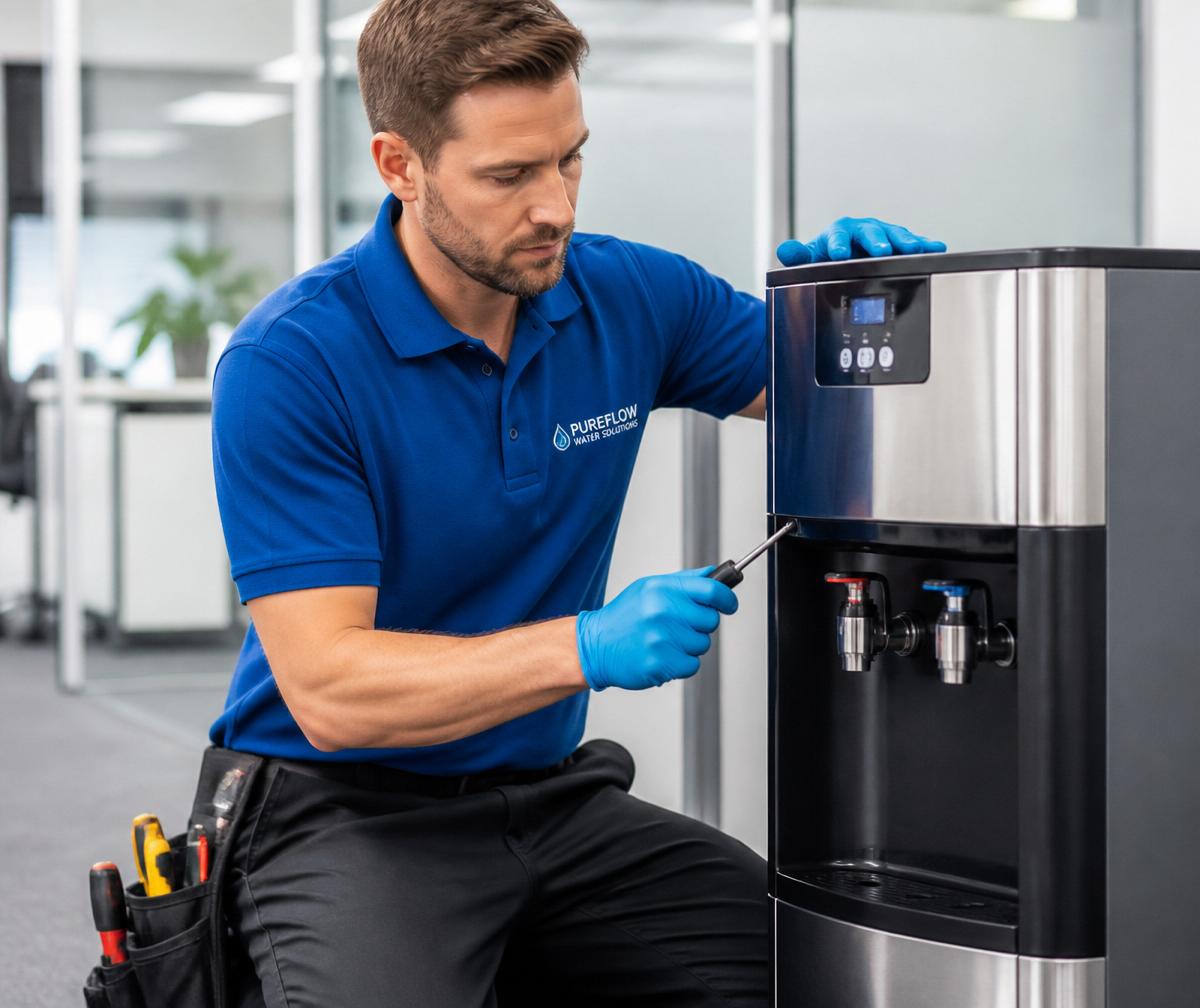 Uniformed technician servicing a commercial water dispenser